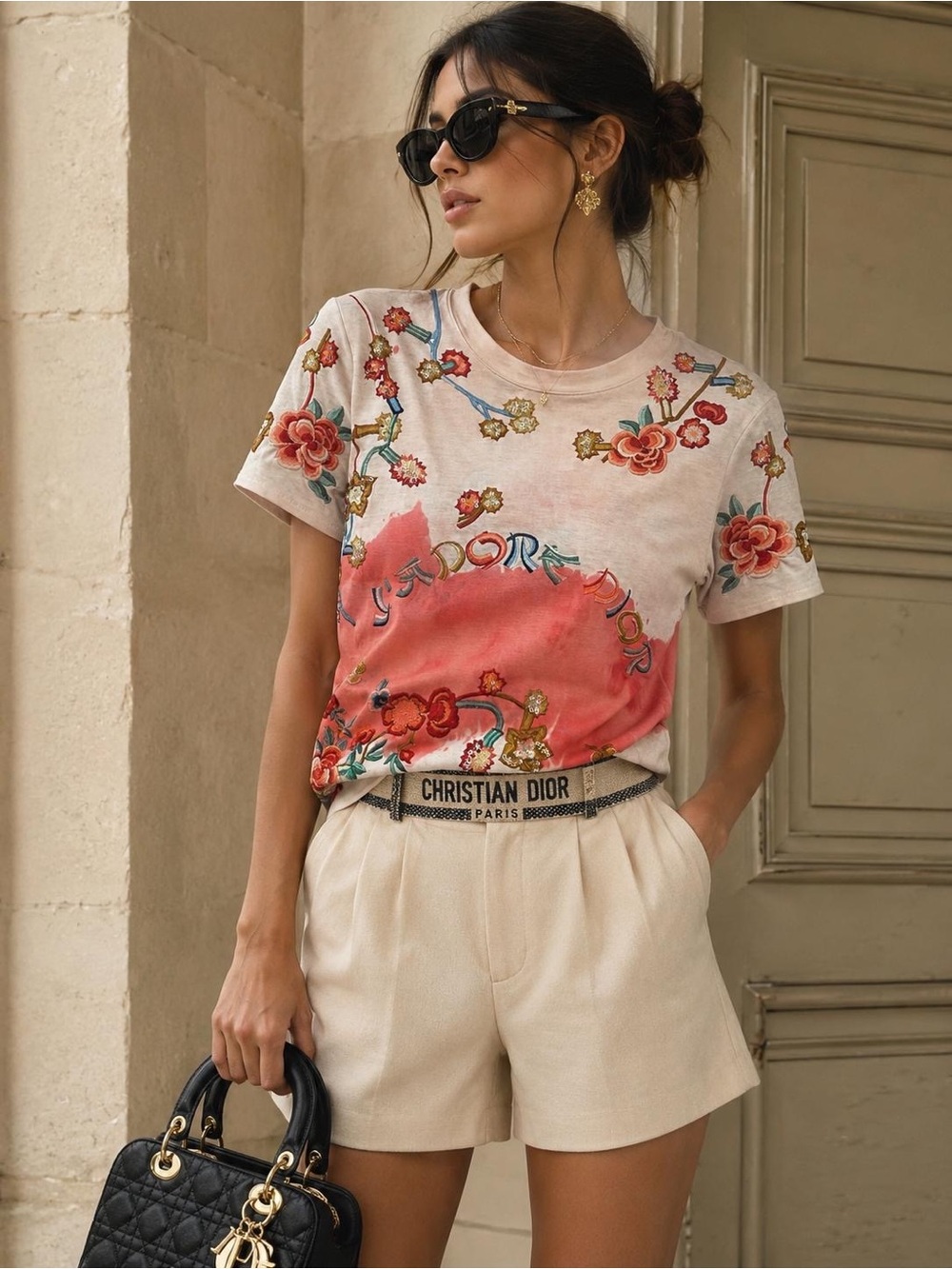 Dior Cream and Coral Floral Embroidered Tee vintage w discolorations stains